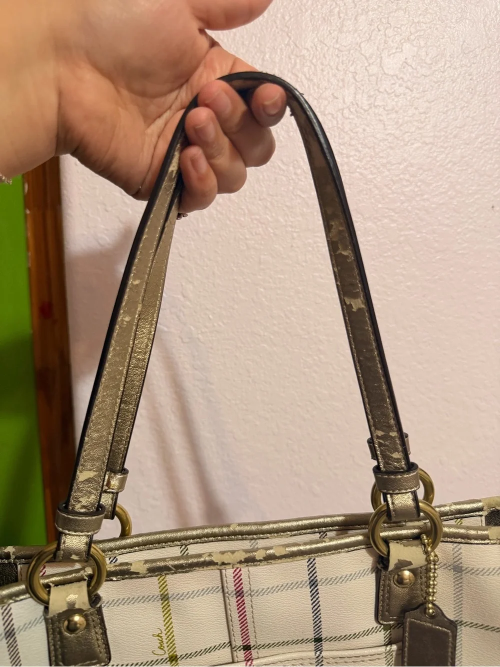 Vintage Coach Plaid Shoulder Tote in Cream with Gold Handles and Pink Logo